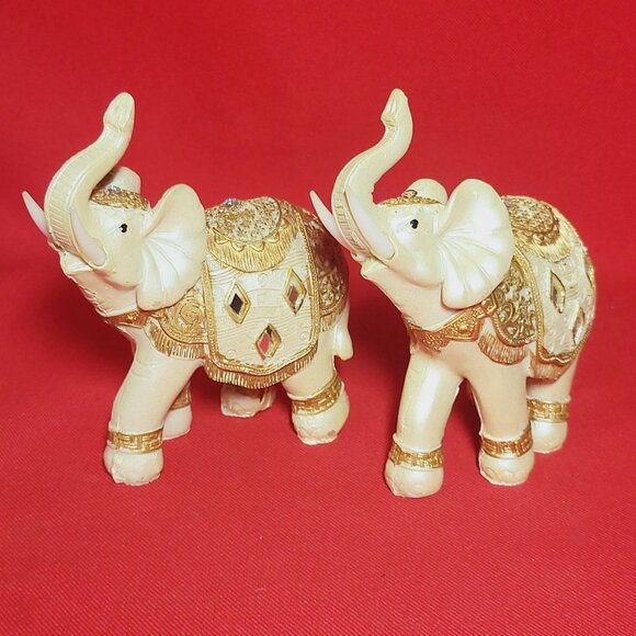 Decorated Elephant Trunk Up Statue Figurine Home Decor Set of 2 - Picture 8 of 13